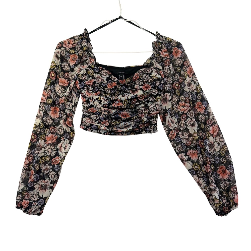 Forever 21 Floral Mesh Ruched Crop Top Black Pink Small Long Sleeve Boho Y2K